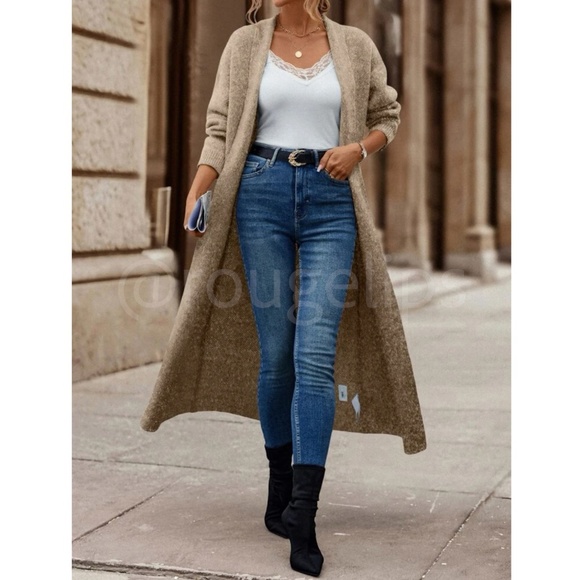 Tan Duster Shawl Cardigan Knit Long Open Long Sleeve - Picture 5 of 9